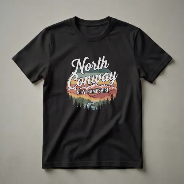 Black t-shirt with a retro graphic design of North Conway, New Hampshire, featuring mountains, a river, and pine trees in vintage colors.