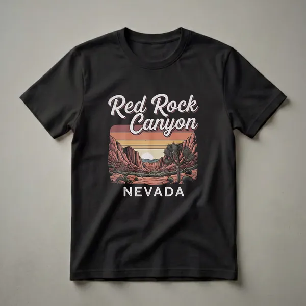 Black t-shirt featuring a retro graphic design of Red Rock Canyon, Nevada, with a sunset, sandstone cliffs, and a Joshua tree.