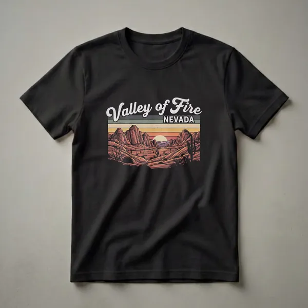 Black t-shirt featuring a retro graphic design of the Valley of Fire in Nevada, with red rock formations, desert plants, and a sunset.