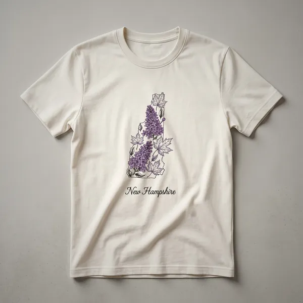 Black t-shirt featuring a purple lilac floral design within the outline of New Hampshire, with outlined maple leaves and the text 'New Hampshire' in script.