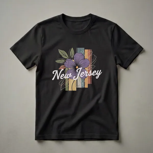 Black t-shirt featuring a retro graphic design with a large purple flower, green leaves, and the words 'New Jersey' in white script, set against colorful vertical stripes.