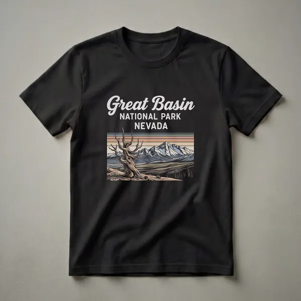 Black t-shirt with a retro graphic of Great Basin National Park, Nevada, featuring a gnarled tree, snow-capped mountains, and a striped sunset.