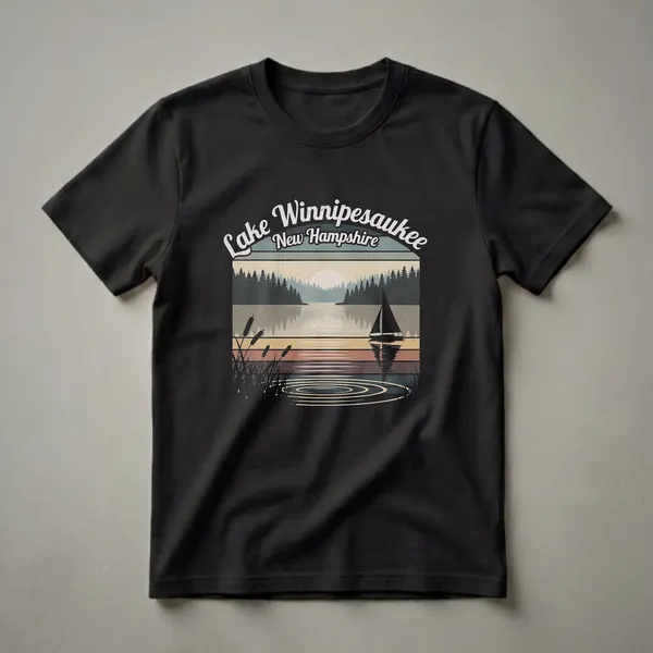 Black graphic t-shirt featuring a retro sunset scene of Lake Winnipesaukee, New Hampshire, with a sailboat, pine trees, and cattails.