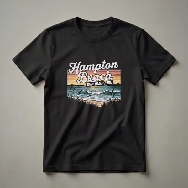 A black graphic t-shirt featuring a retro design of Hampton Beach, New Hampshire, with a sunset, ocean waves, and foreground reeds.