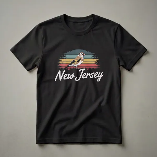 Black t-shirt with a retro graphic featuring a goldfinch bird perched in front of a vintage sunset with horizontal stripes and the text 'New Jersey'.