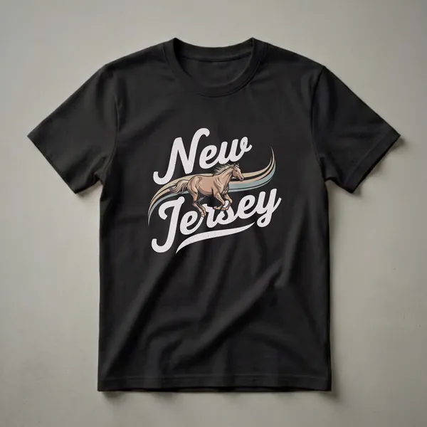 Black t-shirt with a retro graphic design featuring a running horse and the words 'New Jersey' in a vintage font with wavy lines.
