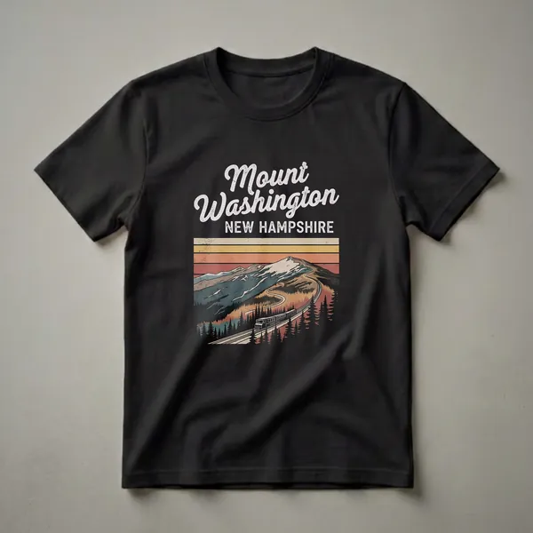 Black t-shirt with a retro graphic design of Mount Washington, New Hampshire, showing a train on a winding track through pine trees and mountains with a vintage sunset background.
