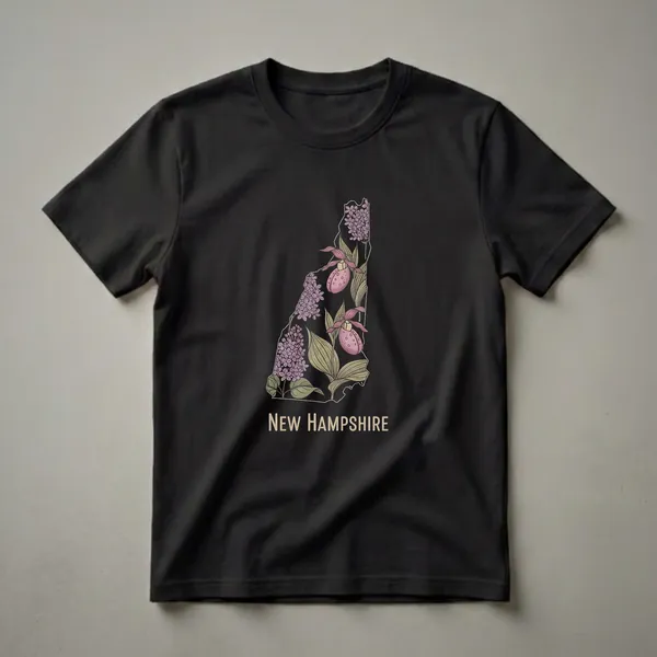 Black t-shirt featuring a retro graphic of the New Hampshire state outline filled with pink lady's slipper orchids and purple lilacs, with 'NEW HAMPSHIRE' text below.