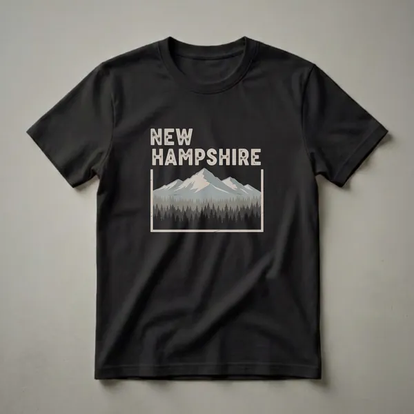 Black t-shirt with a retro graphic design featuring the words NEW HAMPSHIRE above a mountain range and pine forest silhouette, enclosed in a distressed frame.