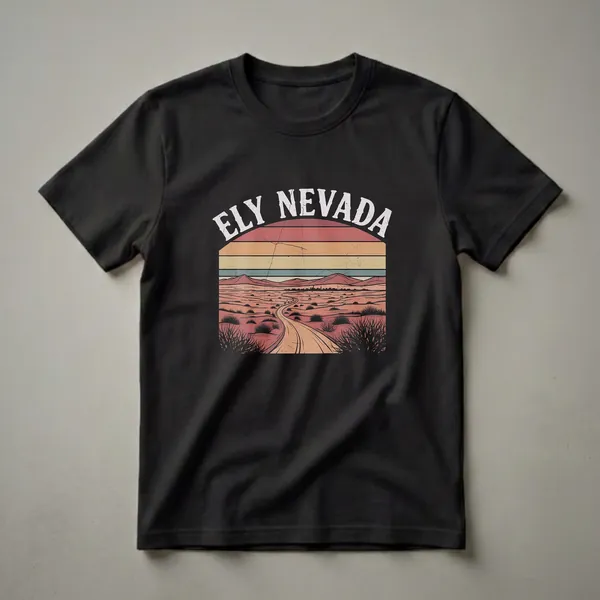Black t-shirt with a retro graphic of Ely, Nevada, featuring a desert landscape, a winding road, and a striped sunset.