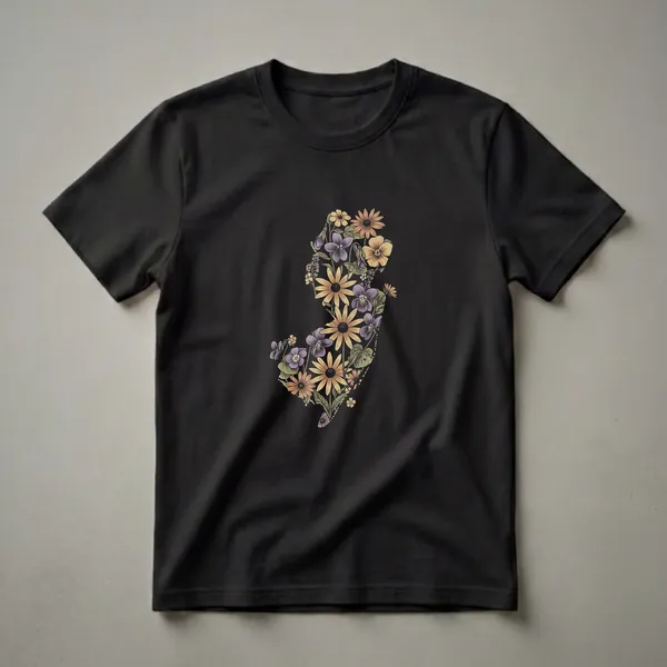 Black t-shirt featuring a retro map of New Jersey filled with colorful vintage flowers like violets and coneflowers.