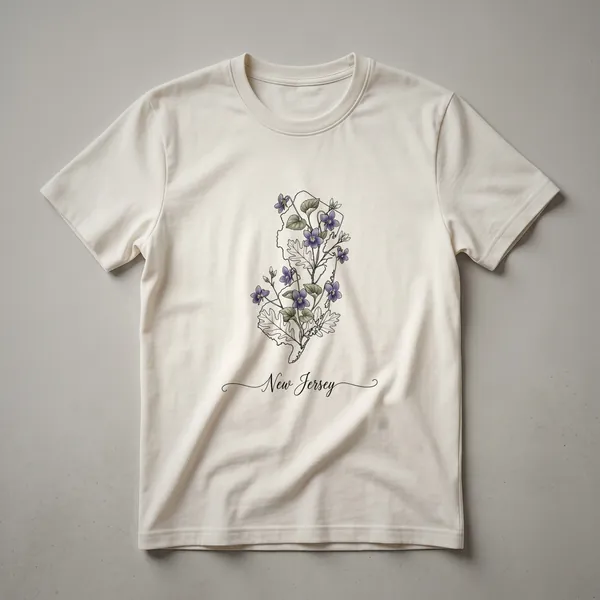 Black t-shirt featuring a detailed outline of New Jersey filled with purple violet flowers and green leaves, with 'New Jersey' written in script below.