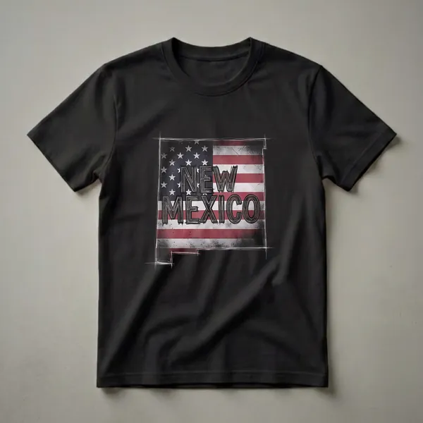 A graphic t-shirt design featuring the outline of New Mexico filled with a distressed American flag and the words "NEW MEXICO" in a bold, sketchy font.