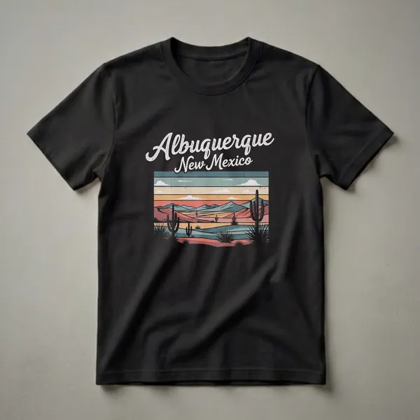 Black t-shirt with a retro graphic design of Albuquerque, New Mexico, featuring a desert landscape with saguaro cacti, mountains, and a sunset color palette.