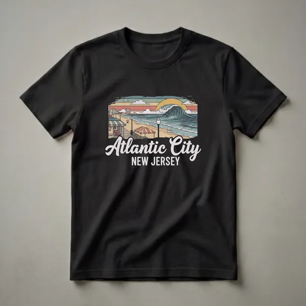 Retro graphic t-shirt featuring a vintage scene of Atlantic City, New Jersey, with a large wave, beach, boardwalk, and sunset.