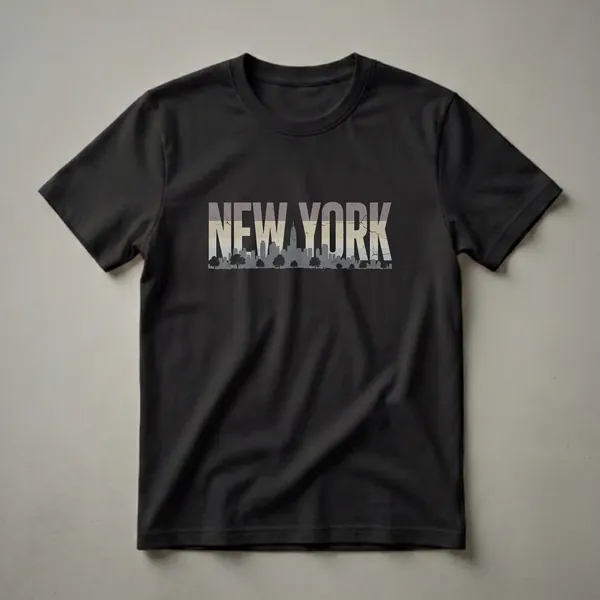 Black t-shirt with the words 'NEW YORK' in distressed, retro-style lettering above a silhouette of the New York City skyline and trees.
