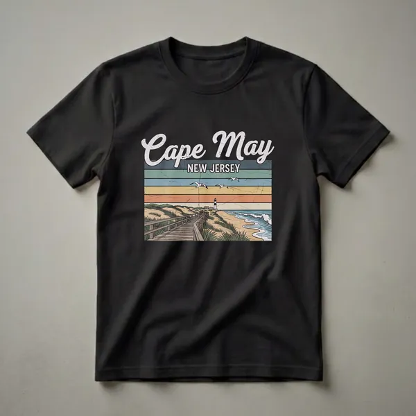 Black t-shirt with a retro graphic design of Cape May, New Jersey, featuring a wooden boardwalk, sandy beach, lighthouse, and seagulls.
