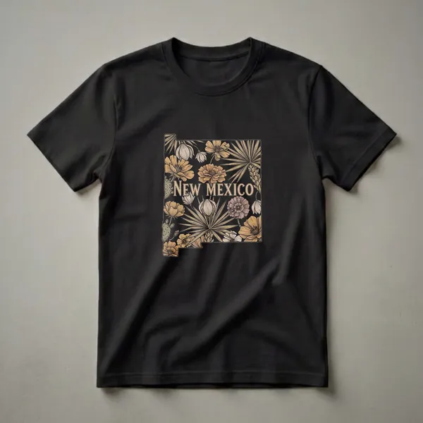 Black t-shirt with a graphic design of the New Mexico state outline filled with a retro floral and botanical illustration, including poppies, palm fronds, and prickly pear cactus.