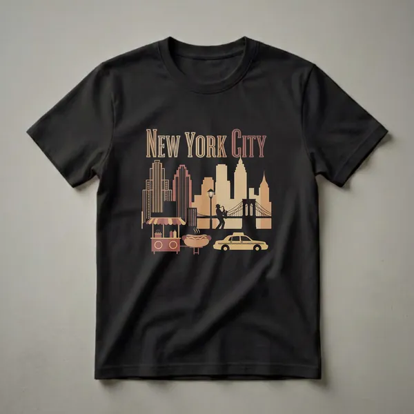 Black t-shirt with a retro graphic design of the New York City skyline, featuring skyscrapers, the Brooklyn Bridge, a taxi, a hot dog stand, and a saxophonist.