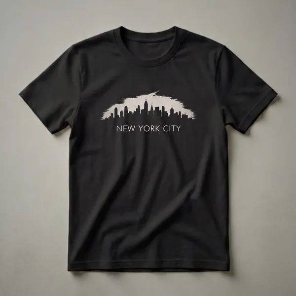 Black graphic t-shirt featuring a vintage New York City skyline silhouette against a distressed light background, with 'NEW YORK CITY' text below.