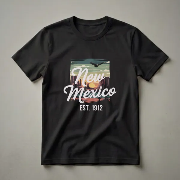 Black t-shirt featuring a retro graphic design of New Mexico with a desert landscape, sunset, and a soaring eagle. The text 'New Mexico EST. 1912' is prominently displayed.