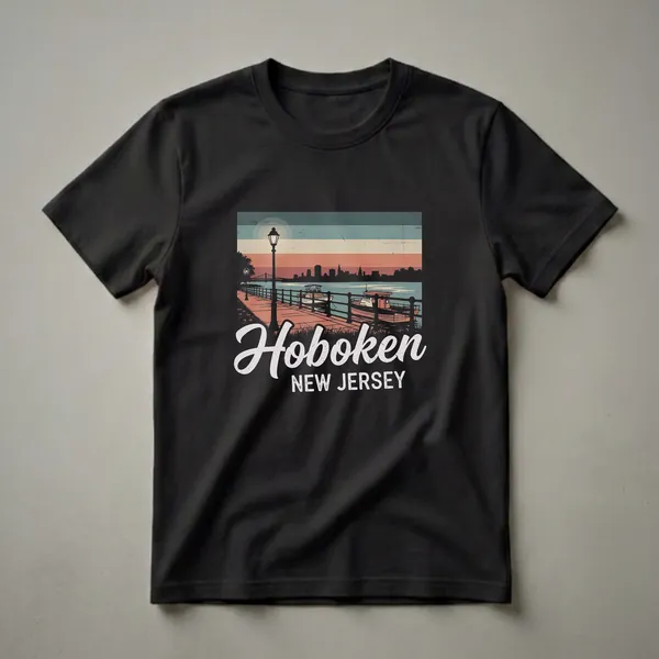 Black graphic t-shirt featuring a retro depiction of the Hoboken, New Jersey skyline, waterfront promenade with a lamppost, docked boats, and a distant bridge under a striped sunset sky.