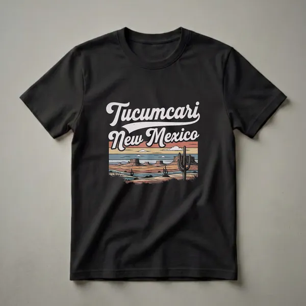 Black graphic t-shirt featuring a retro design of Tucumcari, New Mexico, with desert mesas, saguaro cacti, and a striped sunset sky.