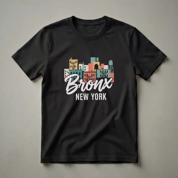 Black t-shirt featuring a retro graphic design of the Bronx, New York skyline with stylized buildings and water towers in muted colors, and the word 'Bronx' in script.