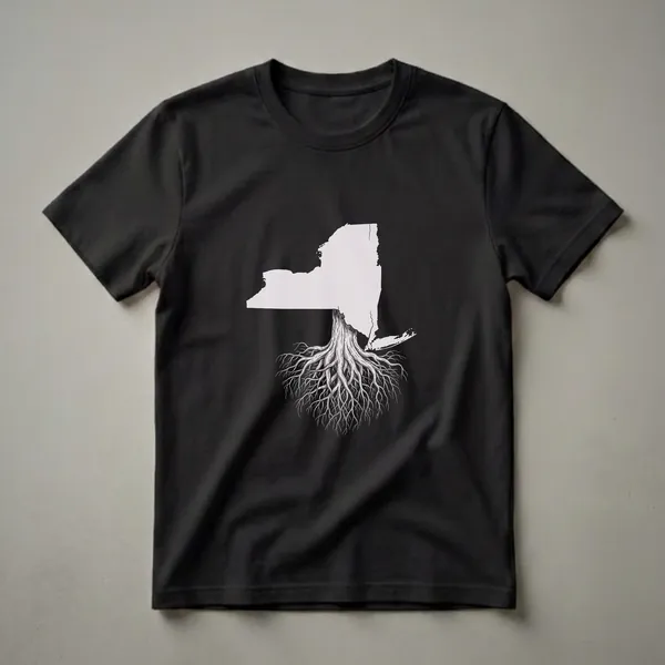 Light grey graphic t-shirt featuring the outline of New York state with a detailed tree root system extending downwards against a black background.