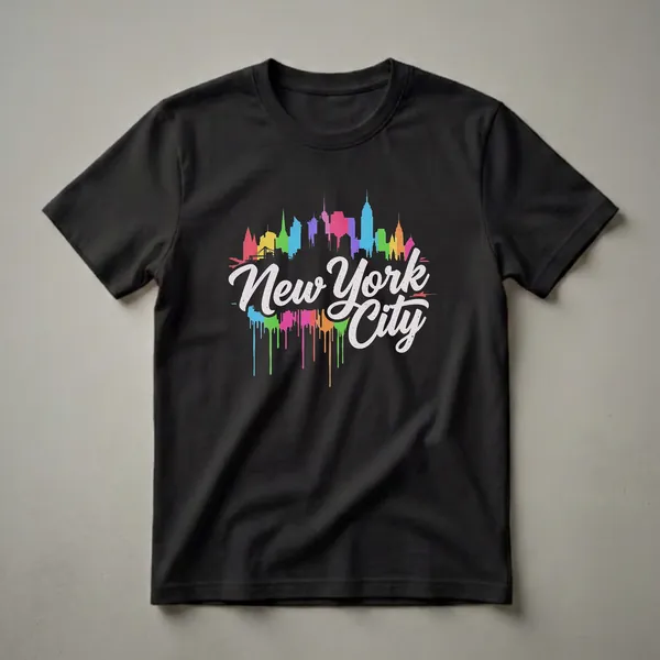 Black t-shirt featuring an abstract New York City skyline in vibrant, colorful silhouettes with dripping paint effects and white distressed text.