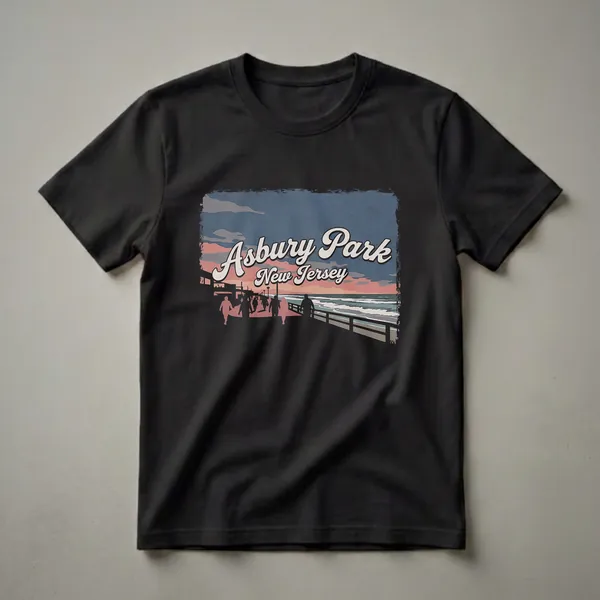 Black t-shirt featuring a retro graphic design of the Asbury Park, New Jersey boardwalk at sunset with people walking and the ocean.