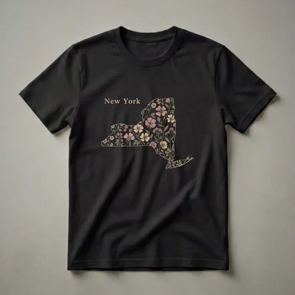 Black t-shirt featuring the outline of New York State filled with a retro floral pattern in muted pink, yellow, and green colors.