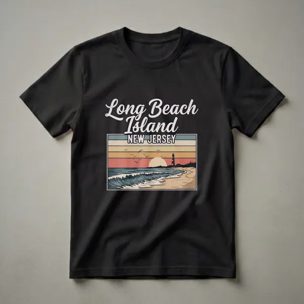 Black t-shirt featuring a retro graphic design of Long Beach Island, New Jersey, with a beach, ocean waves, lighthouse, and sunset.