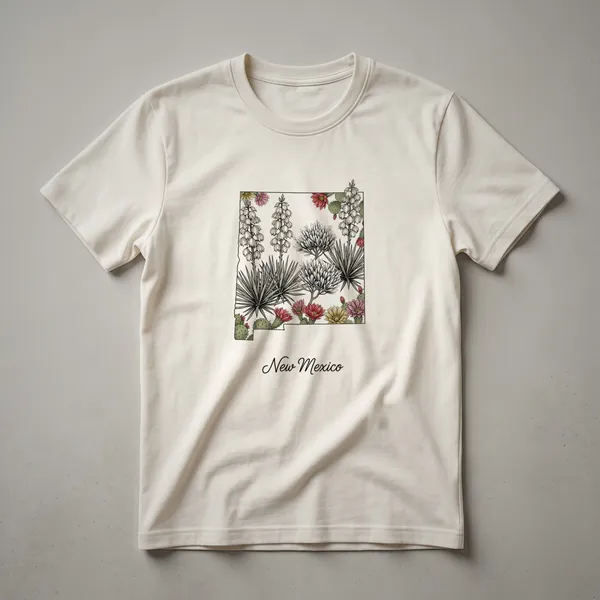 Black t-shirt featuring a graphic design of the New Mexico state outline filled with desert plants like yucca and prickly pear cactus, adorned with pink, red, and yellow flowers.