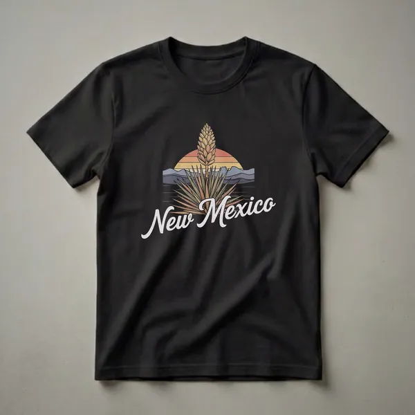 Black t-shirt with a retro graphic design featuring a yucca flower in bloom, a sunset with striped colors, and mountains, with 'New Mexico' written in script.