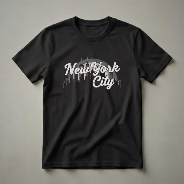 Black t-shirt with a retro graphic featuring the New York City skyline silhouette and distressed "New York City" text in a vintage style.