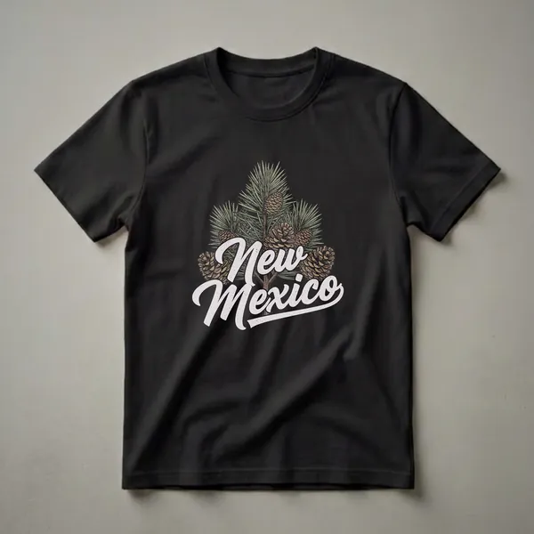 Black t-shirt with a retro graphic design featuring green pine branches and brown pinecones, with the words 'New Mexico' in distressed white lettering.