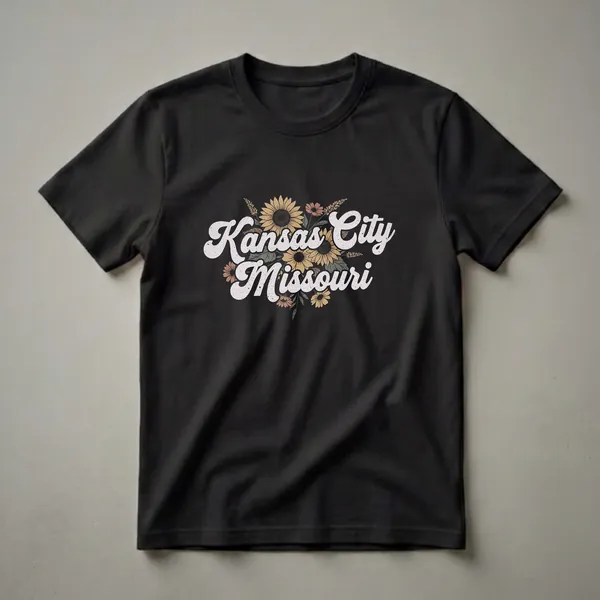 Black t-shirt with white retro text 'Kansas City Missouri' overlaid on a floral arrangement of sunflowers and other flowers in muted tones.