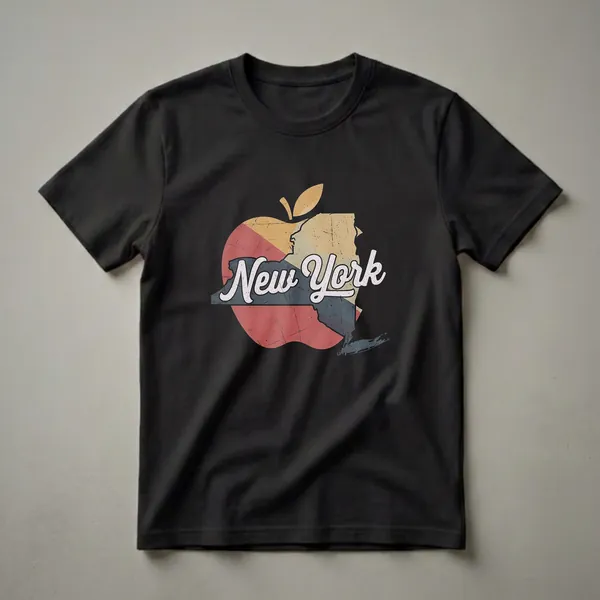 Black t-shirt with a retro graphic design of a segmented apple containing the outline of New York state and the words 'New York' in white script.