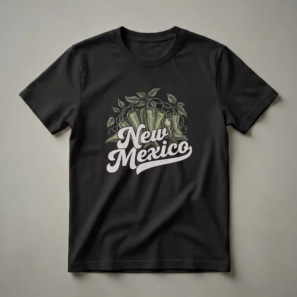Black t-shirt with a graphic design of green chili peppers and vines, with the text 'New Mexico' in a distressed retro font.