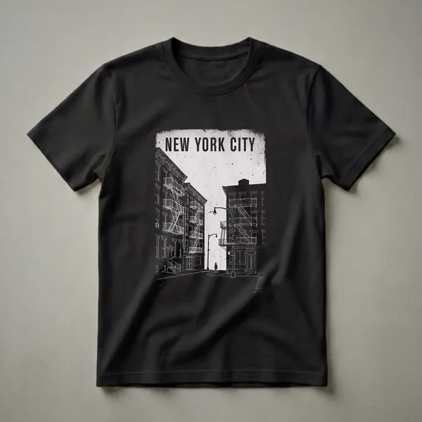 Black and white graphic t-shirt featuring a New York City street scene with detailed fire escapes on buildings and a lone figure walking.