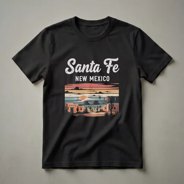 Black t-shirt with a retro graphic design of Santa Fe, New Mexico, featuring adobe buildings, saguaro cacti, mesas, and a hot air balloon at sunset.