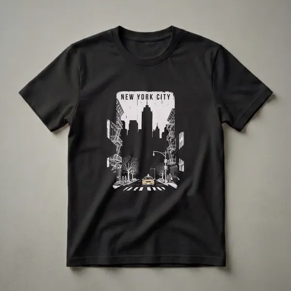 Black t-shirt with a vintage graphic art design of a New York City street scene, including a yellow taxi, fire escapes, trees, people, and a city skyline silhouette.