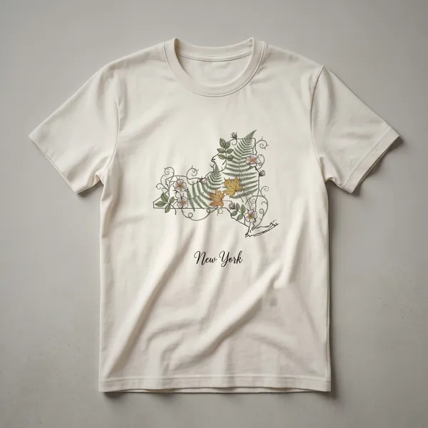 Black t-shirt featuring an outline of New York state filled with a botanical illustration of ferns, maple leaves, and wild roses, with 'New York' written below.