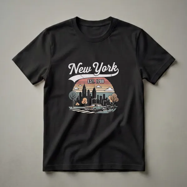 Black graphic t-shirt featuring a retro New York City skyline with a vintage car, trees, and "EST. 1788" in a sunset-like color palette.