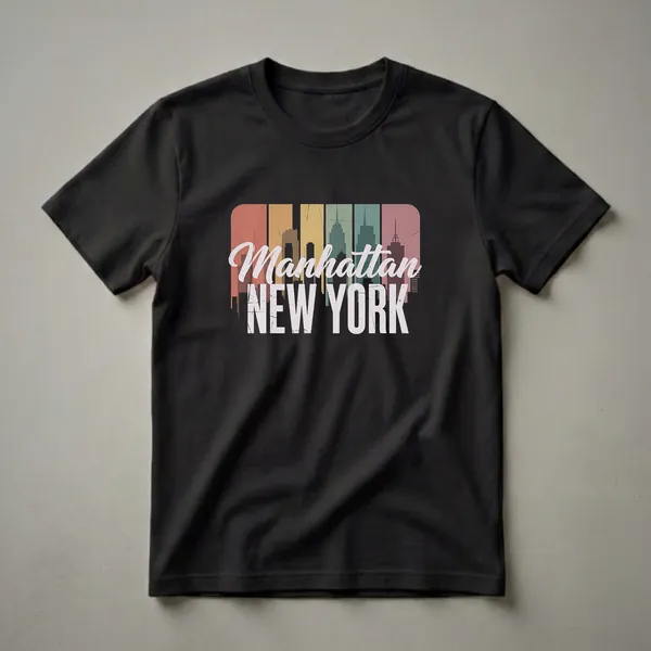 Black t-shirt featuring a retro graphic design of the Manhattan, New York skyline with distressed lettering in muted vintage colors.