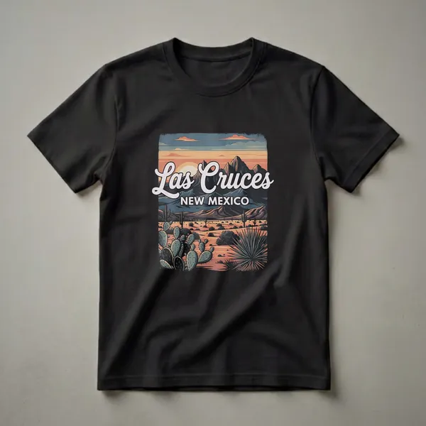 Retro graphic t-shirt featuring a desert sunset scene with mountains and cacti, and the text 'Las Cruces New Mexico'.