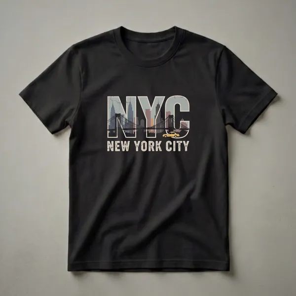 Black t-shirt featuring a graphic design of the NYC skyline with the Brooklyn Bridge and a yellow taxi, with 'NYC' and 'NEW YORK CITY' text.