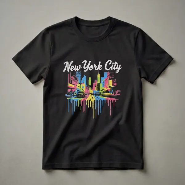 Black t-shirt featuring an abstract New York City skyline with vibrant pink, yellow, green, and blue colors in a dripping paint effect, with cars on a street.