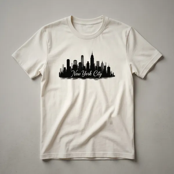 Black graphic t-shirt featuring a silhouette of the New York City skyline with 'New York City' written in script below.